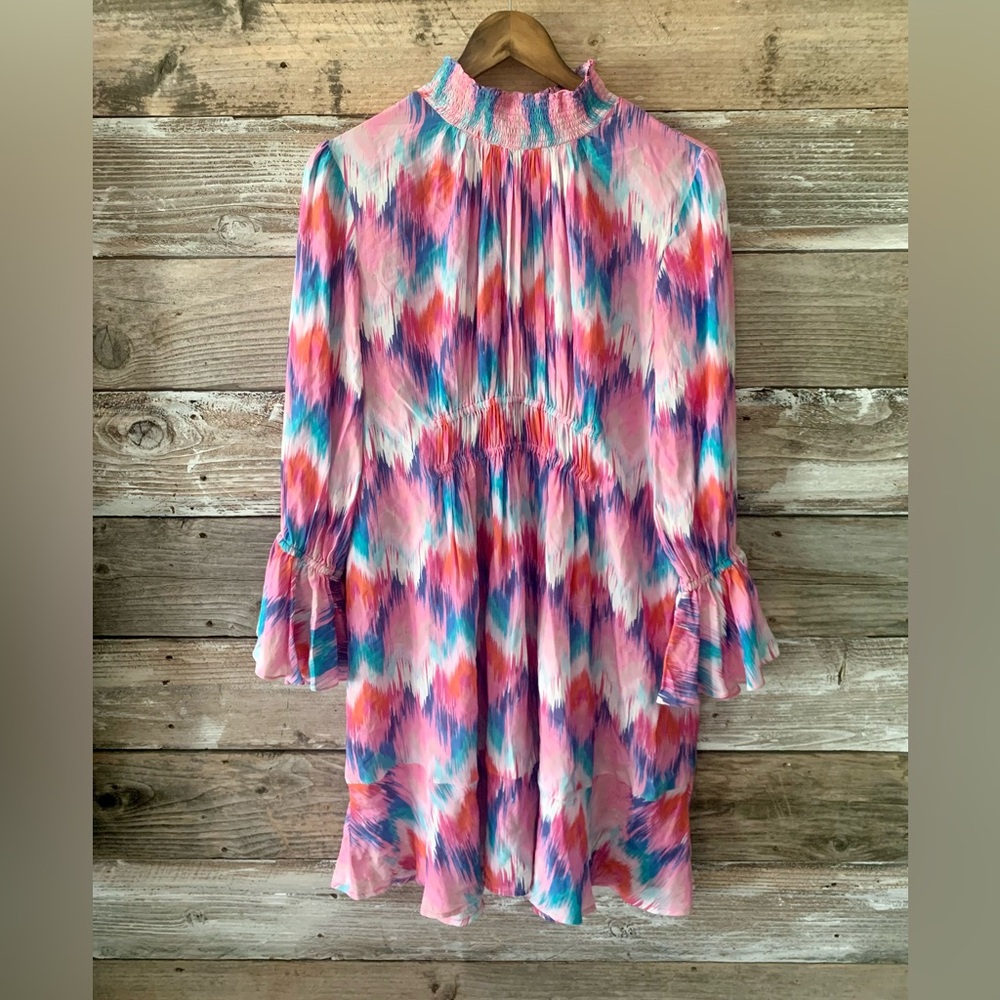 Floral Brushstroke Smocked Neck Mini Dress - Pink Multi